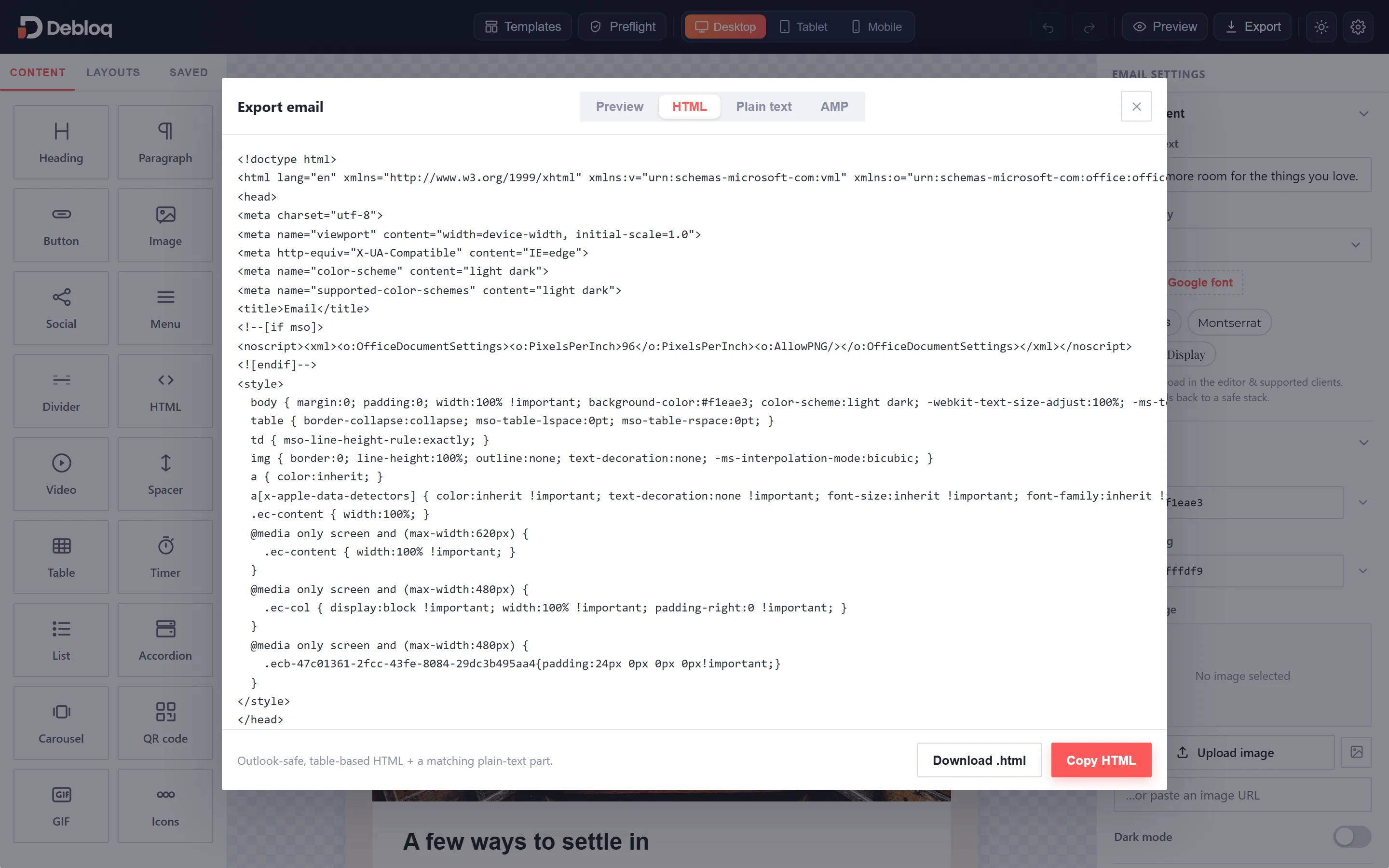Outlook-grade HTML: Debloq editor screenshot
